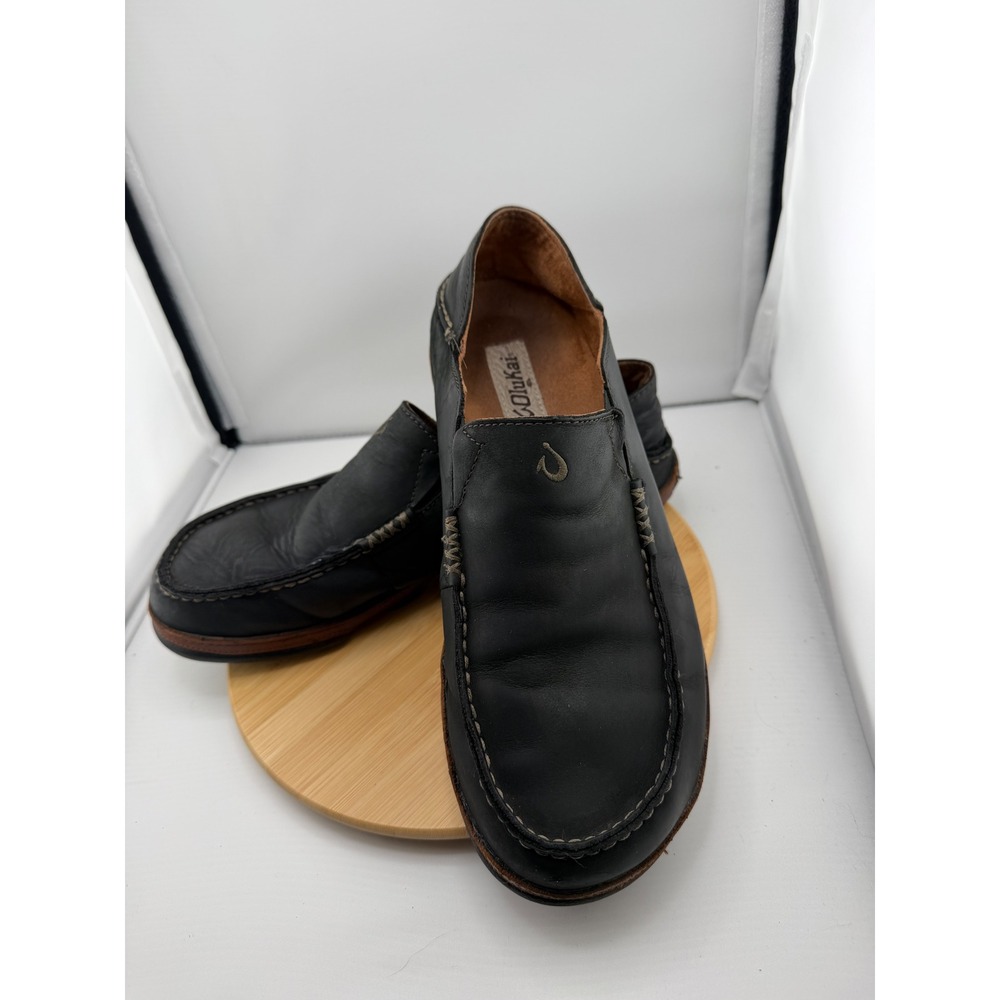 OluKai Moloa Mens Leather Loafers Black Slip On Shoes 10128-4033 Size 9.5